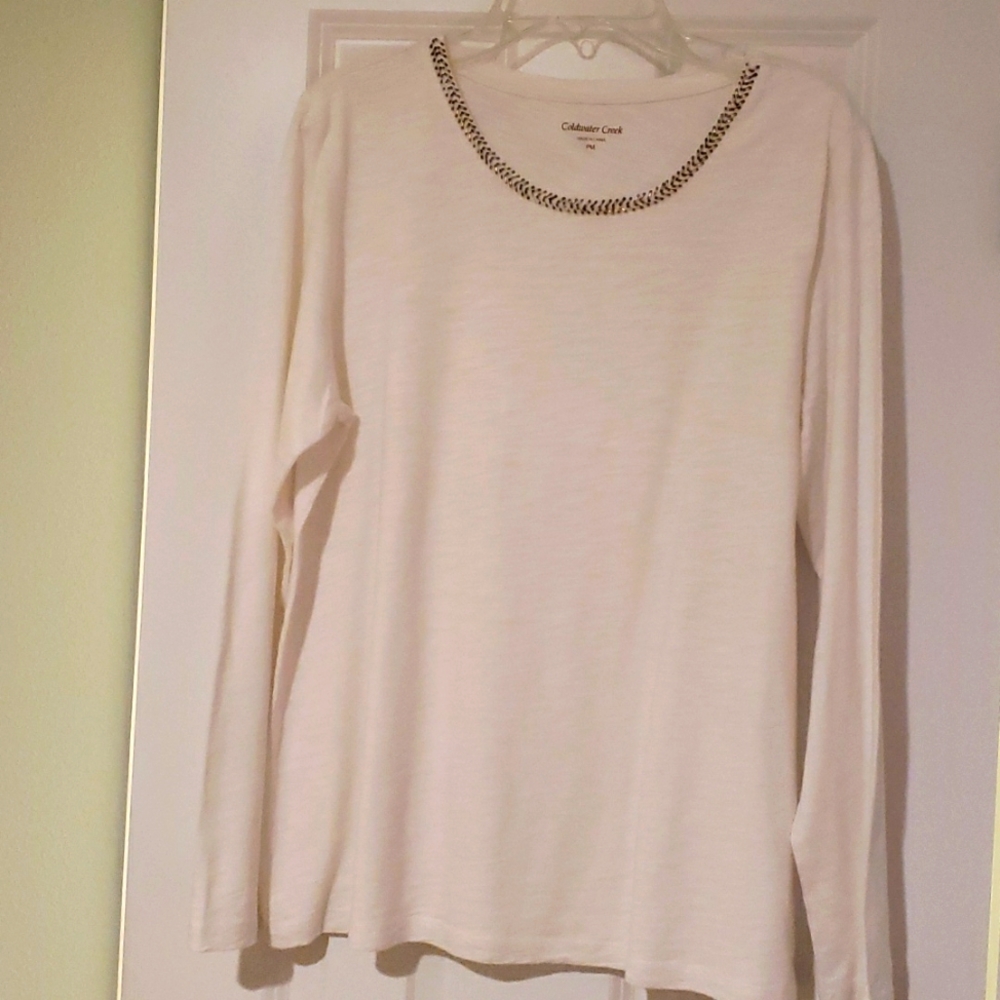 Coldwater Creek size PM, long sleeve blouse, embellishments around neckline